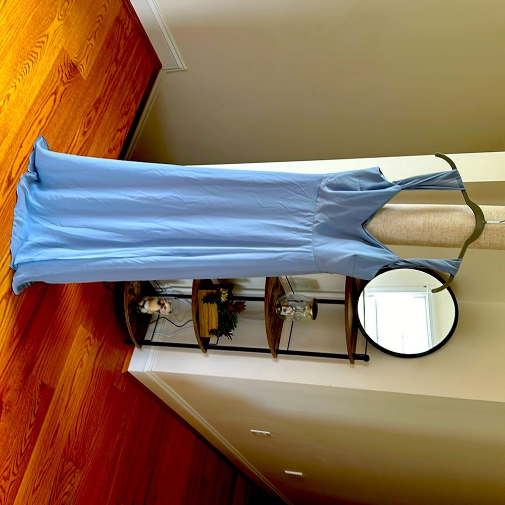 Gorgeous dusty blue bridesmaid dress.